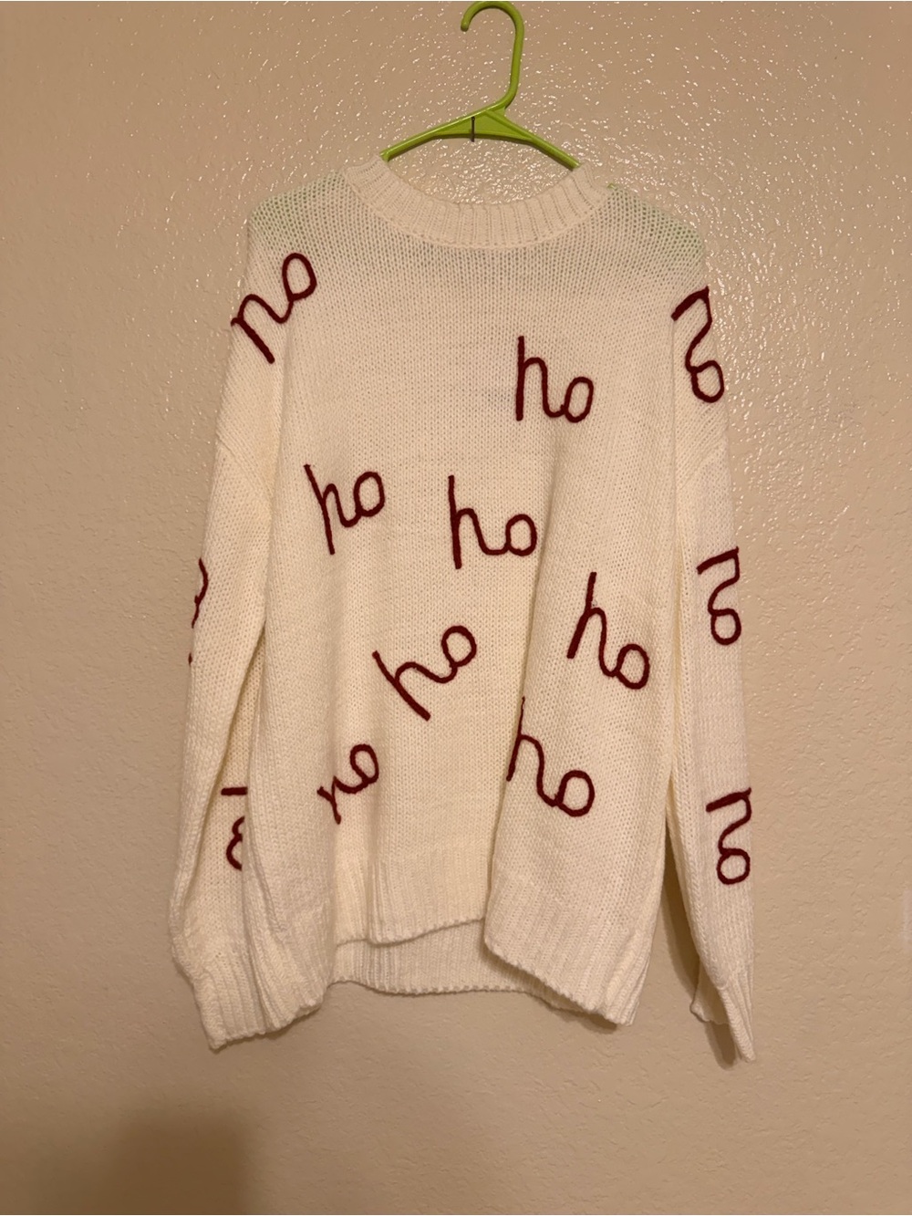 Buckle White Crewneck Sweater with Red 'ho' Pattern